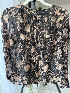 Who What Wear Black Tan Floral Sheer Pleated Ruffle Blouse XS